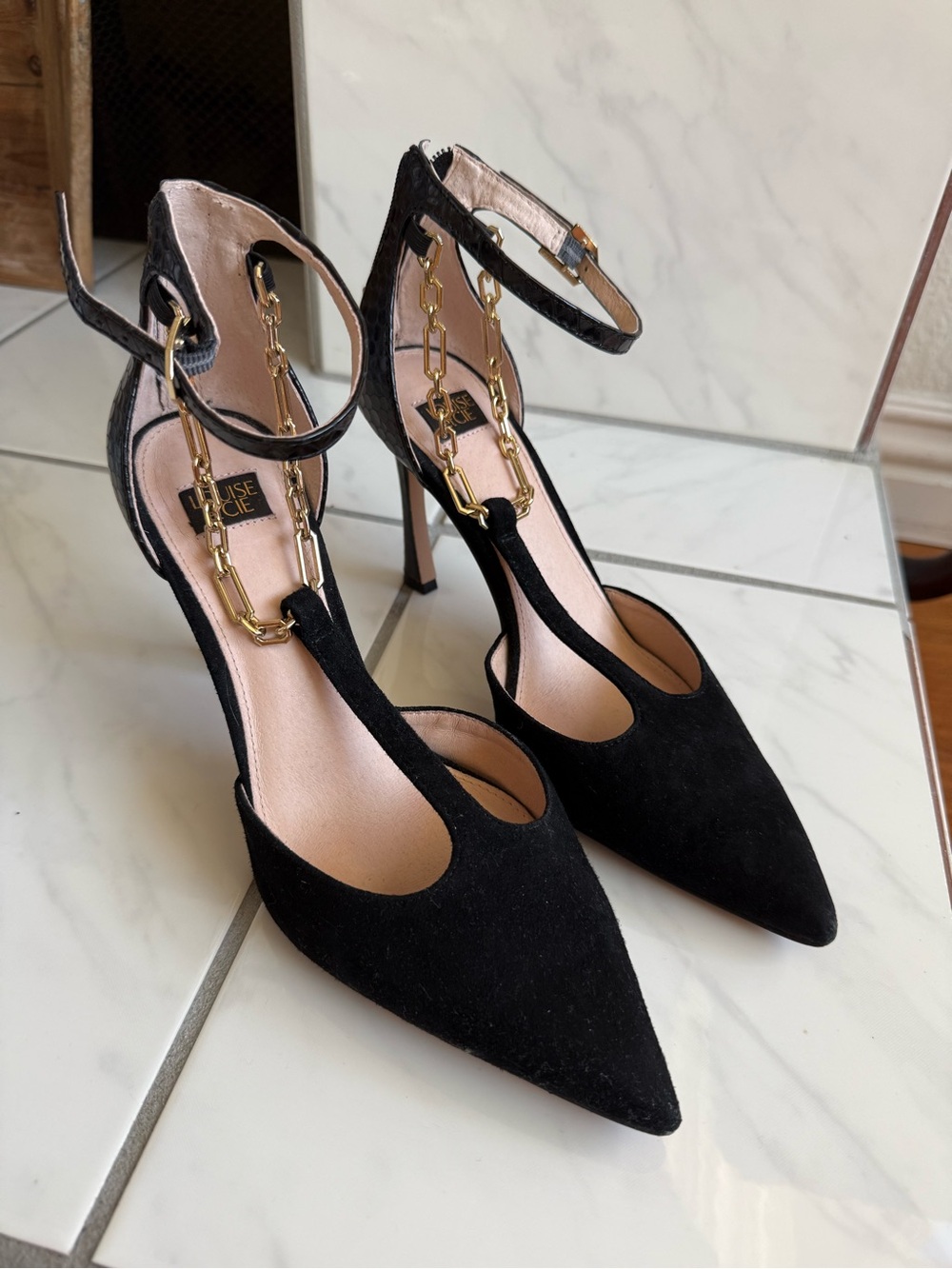 Louise et Cie Pointed-Toe Heels with Gold Chain Detail